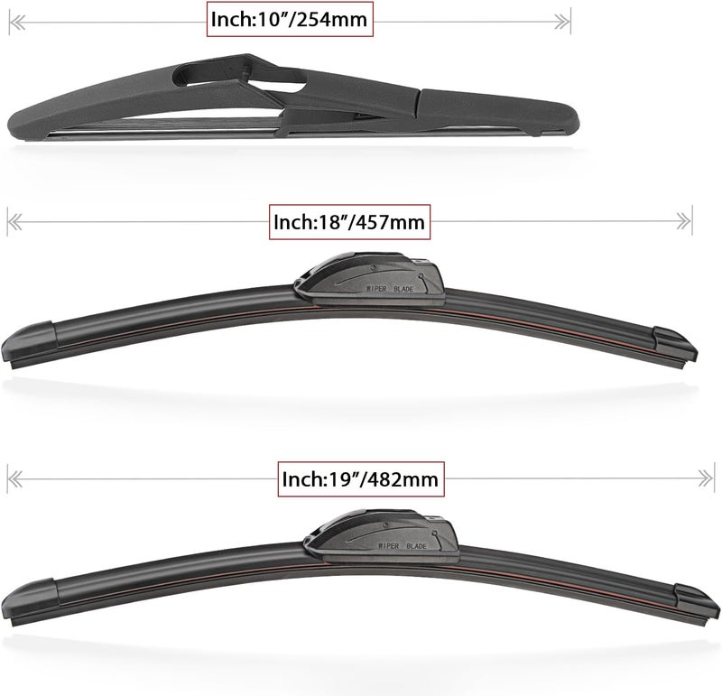 Raintok Windshield Wiper Blade Set Replacement for 2006-2011 Mini Cooper and Rear Windshield Wiper Blade-19"/18"/10" (Set of 3) U/J HOOK - Image 5